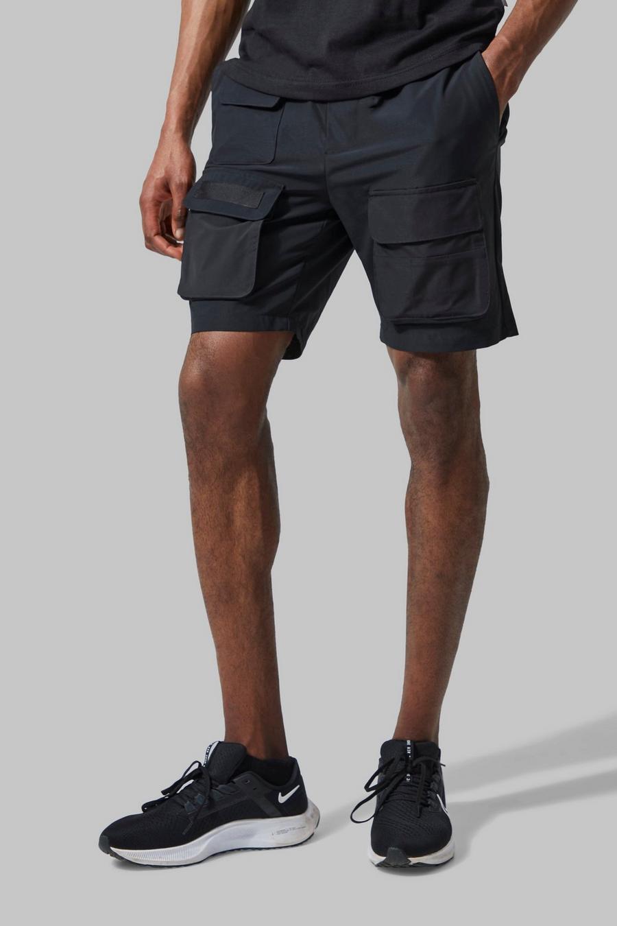 Black svart Man Active Multi Pocket Cargo Shorts