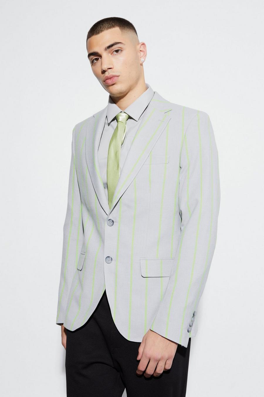 Light grey grigio Slim Single Breasted Wide Stripe Suit Jacket image number 1