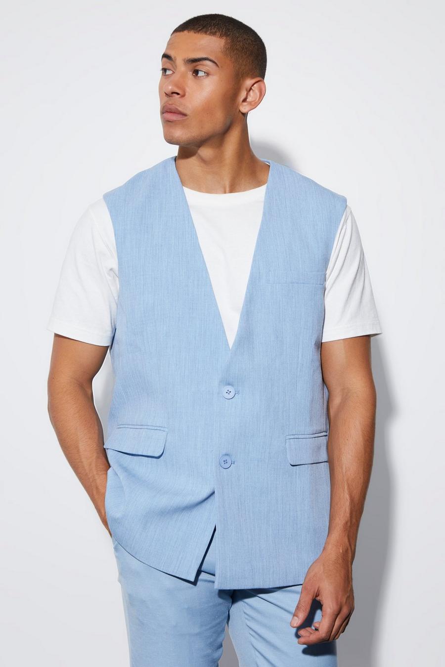 Denim-blue Oversized Single Breasted Blazer Vest