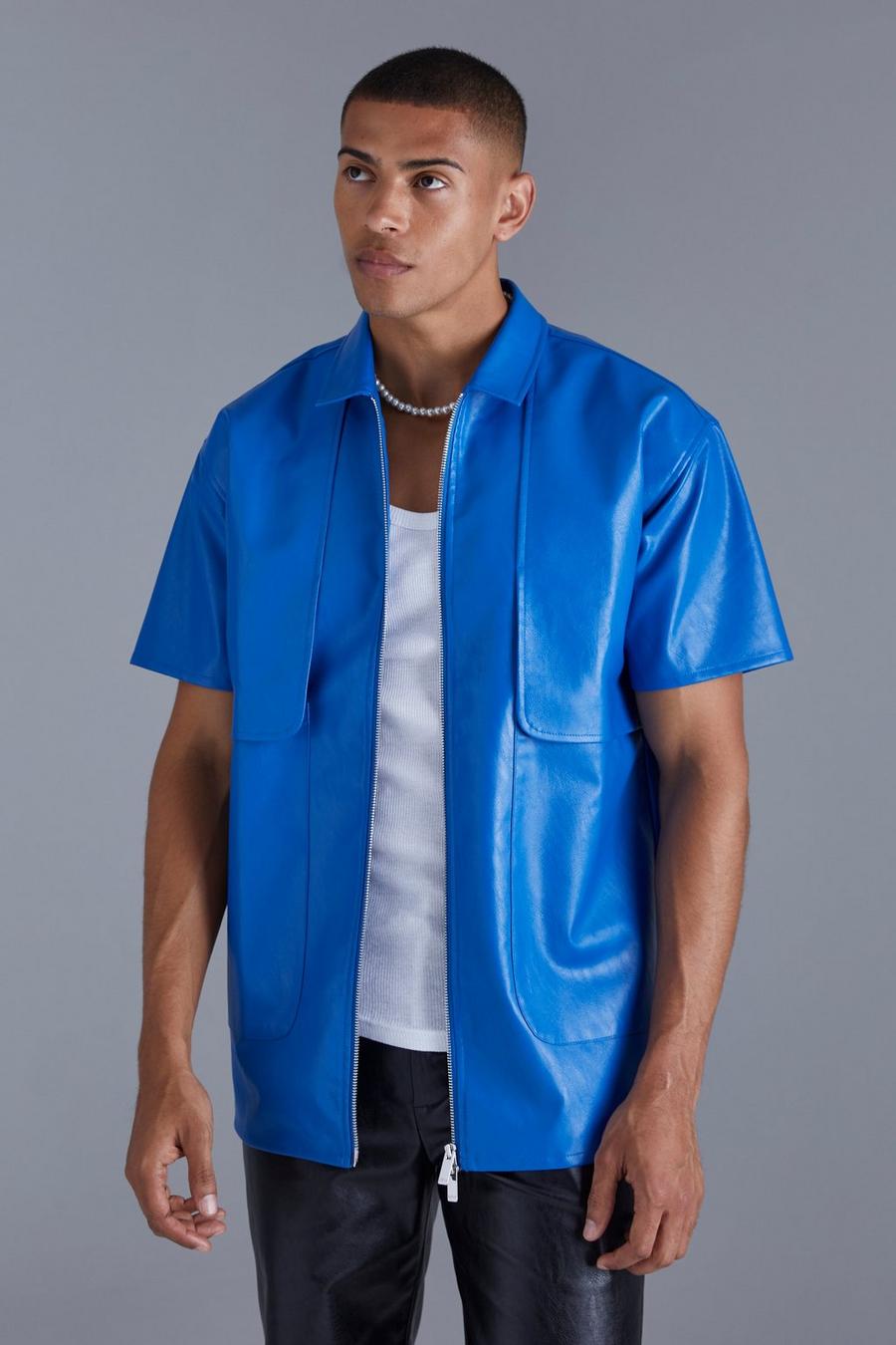 Camisa oversize de cuero sintético con panel, Cobalt image number 1