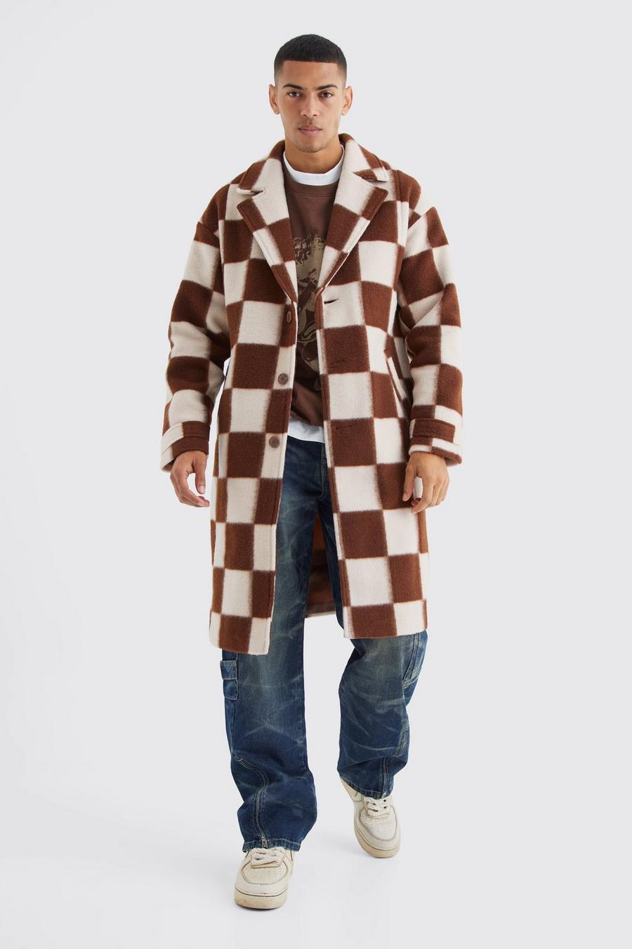 Brown marrón Wool Look Checkerboard Single Breasted Overcoat