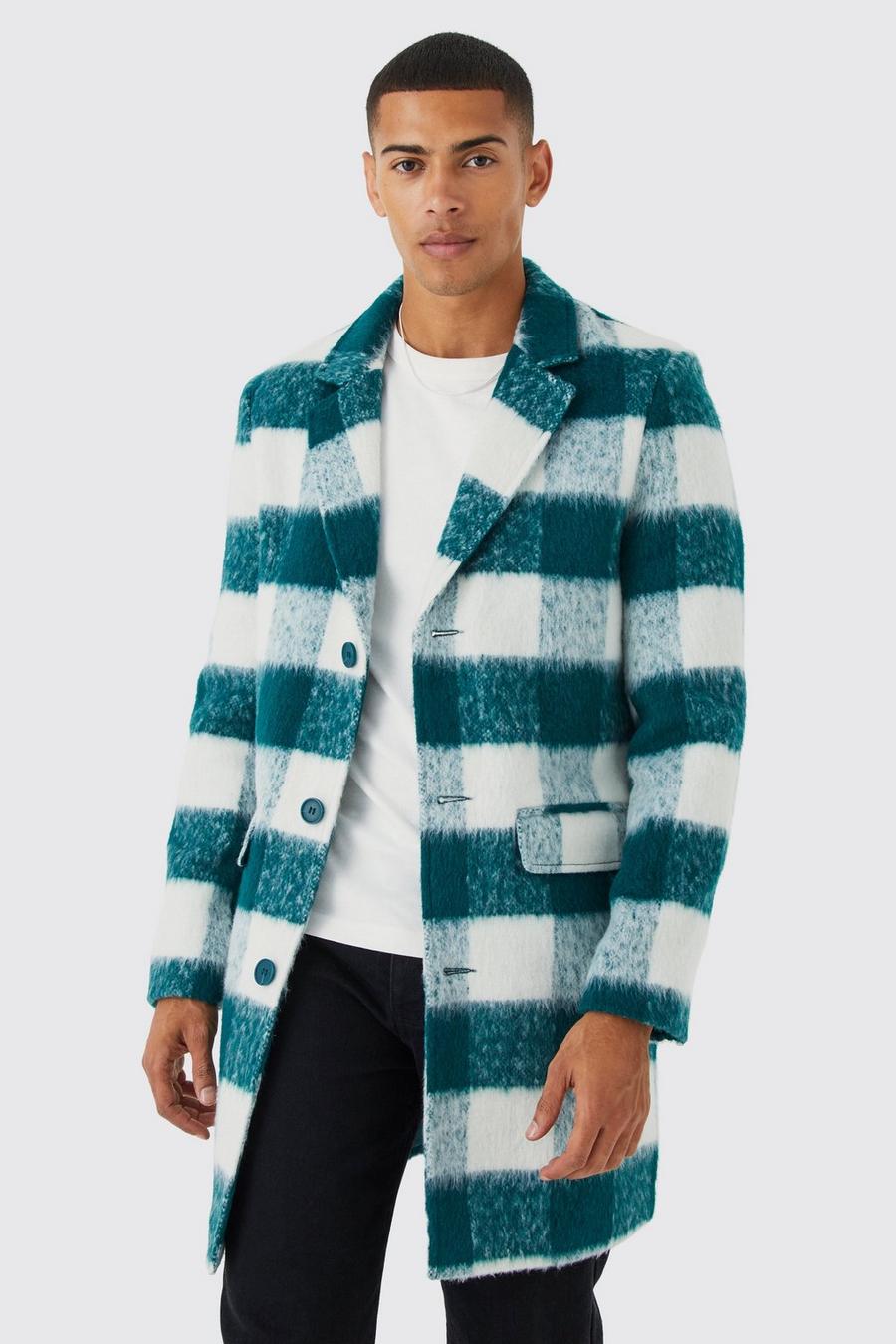 Green Wool Look Check Single Breasted Overcoat