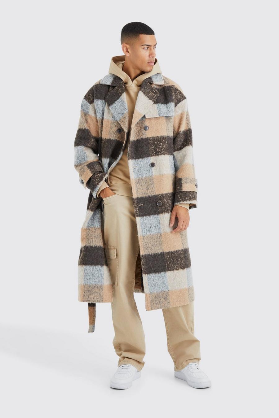 Wool Look Check Long Overcoat With Belt