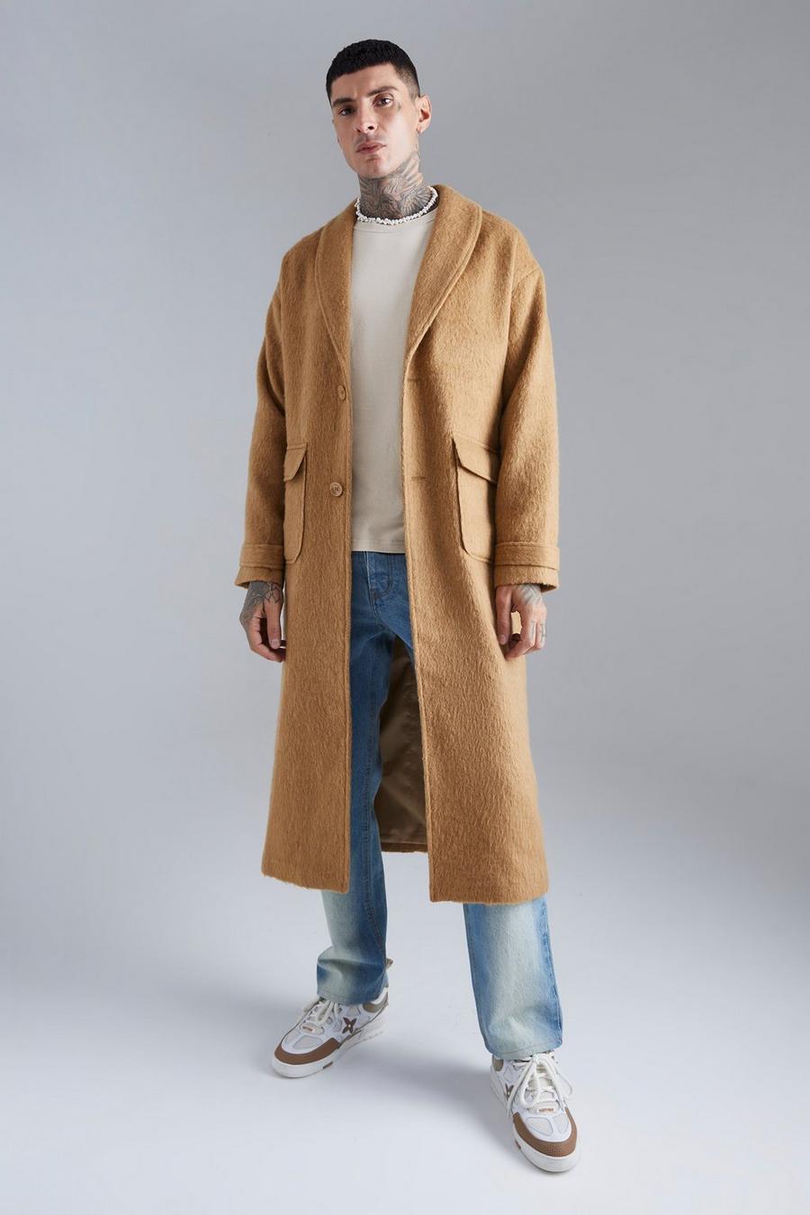 Camel beis Single Breasted Brushed Wool Look Belted Overcoat