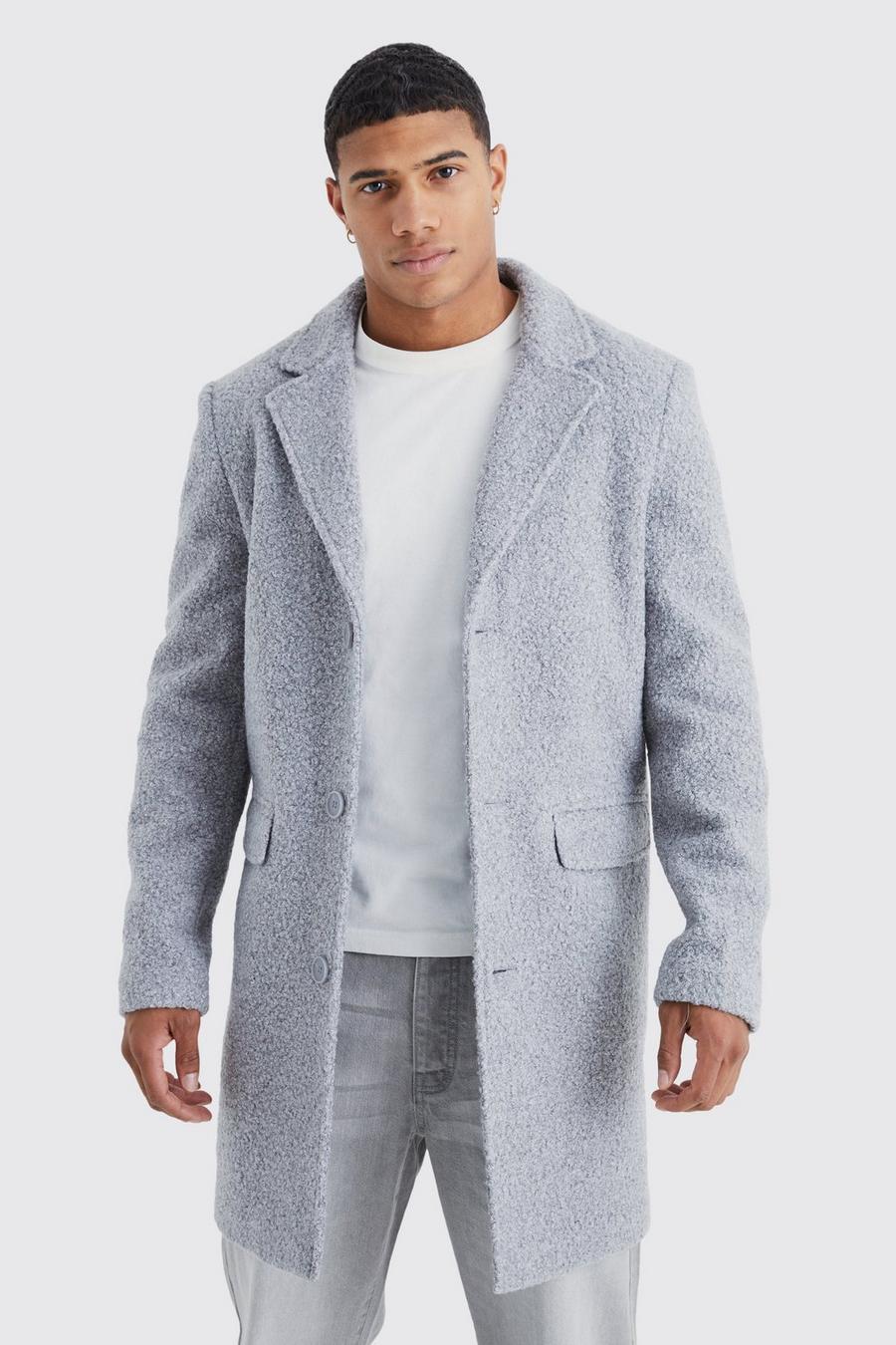Grey Single Breasted Boucle Overcoat