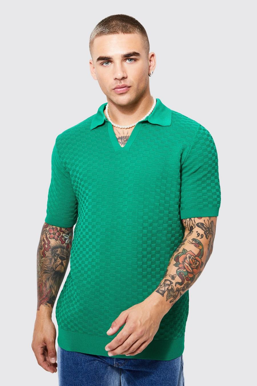 Green V Neck Textured Short Sleeve Polo image number 1