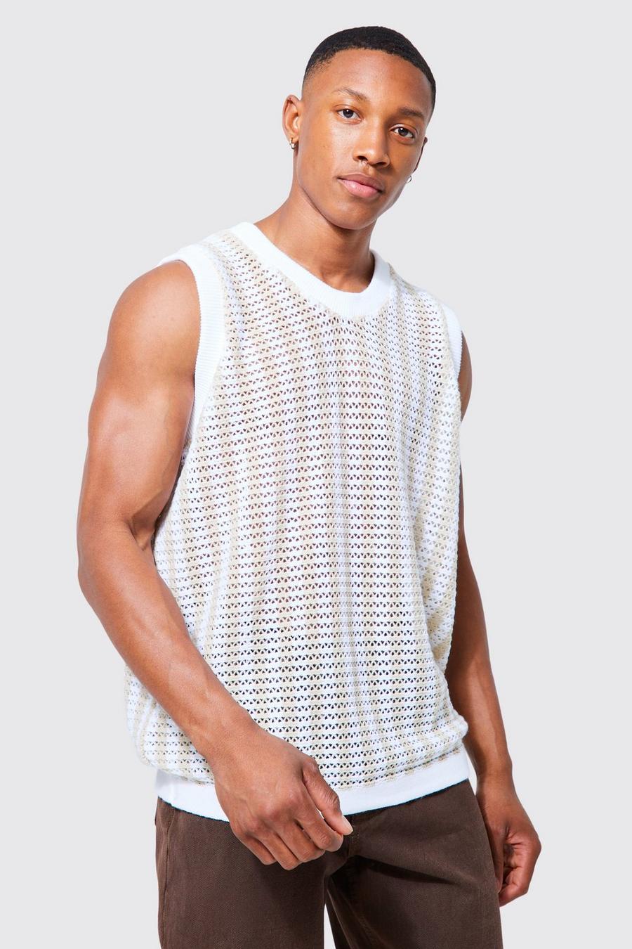 White vit Striped Oversized Crochet Vest