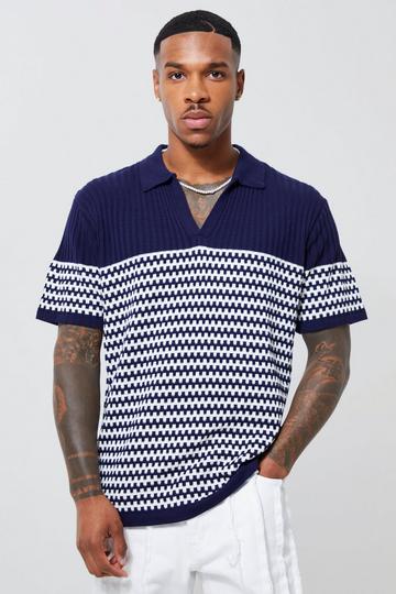 V Neck Striped Knitted Polo navy