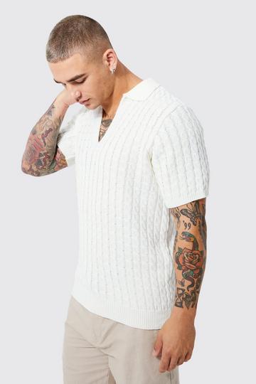 Regular Deep V Neck Waffle Knit Polo ecru