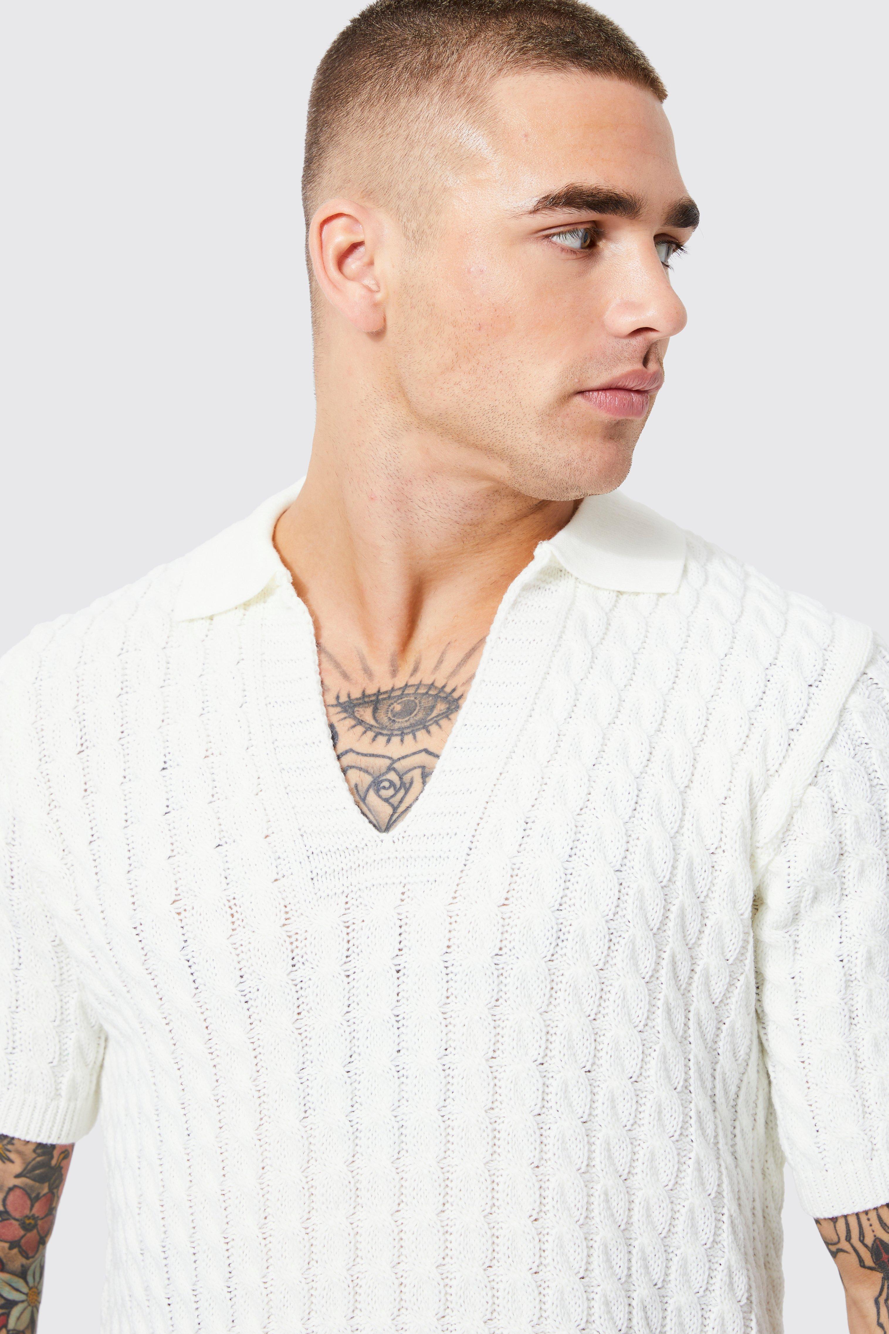 Regular Deep V Neck Waffle Knit Polo boohoo