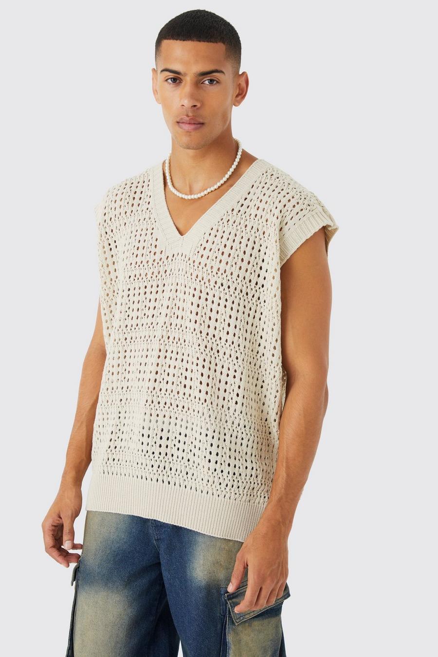 Ecru white Oversized Crochet Sweater Vest