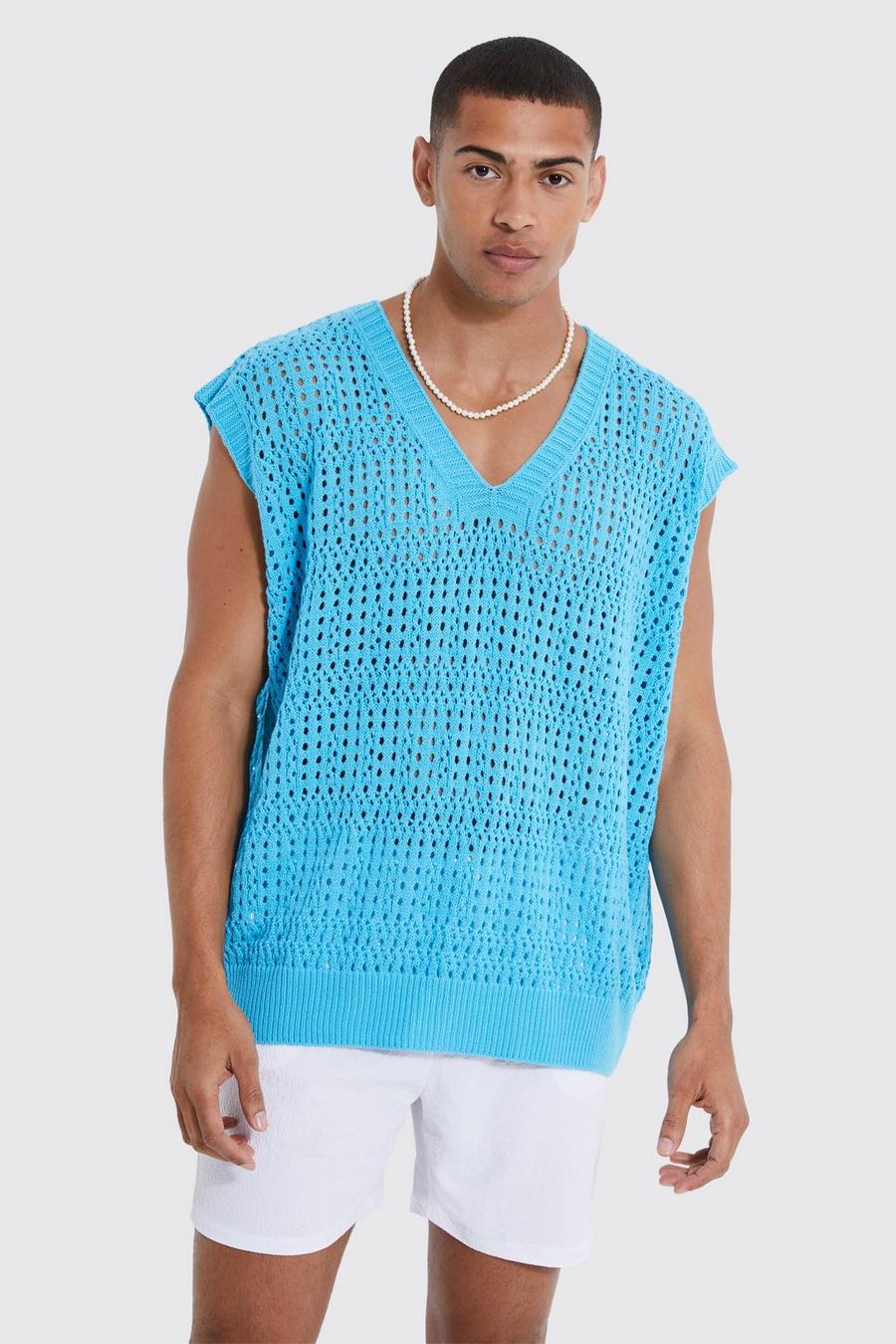 Blue Oversized Crochet Sweater Vest