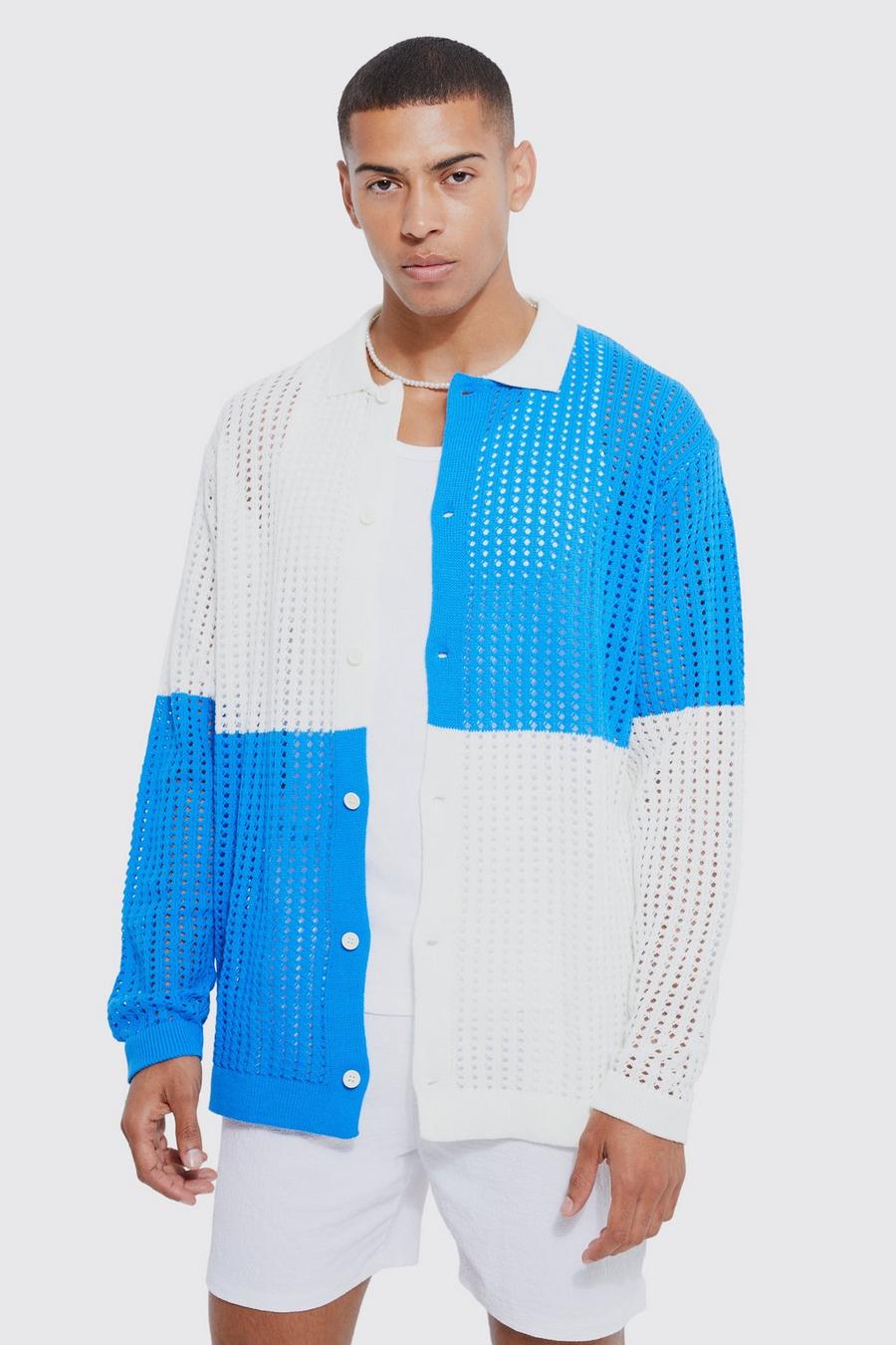Blue Oversized Checkerboard Crochet Shirt image number 1