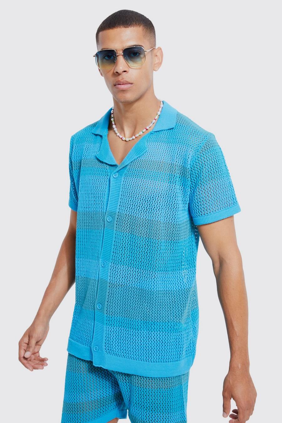 Teal Oversized Striped Crochet Shirt image number 1