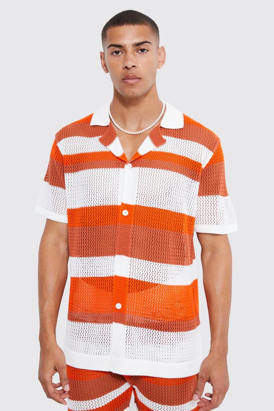 Orange naranja Oversized Striped Crochet Shirt image number 1