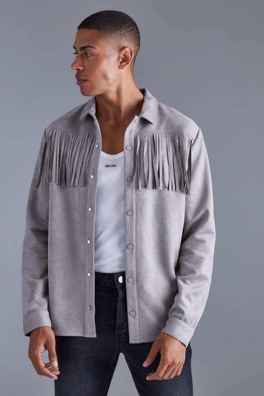 Charcoal Faux Suede Fringe Overshirt image number 1