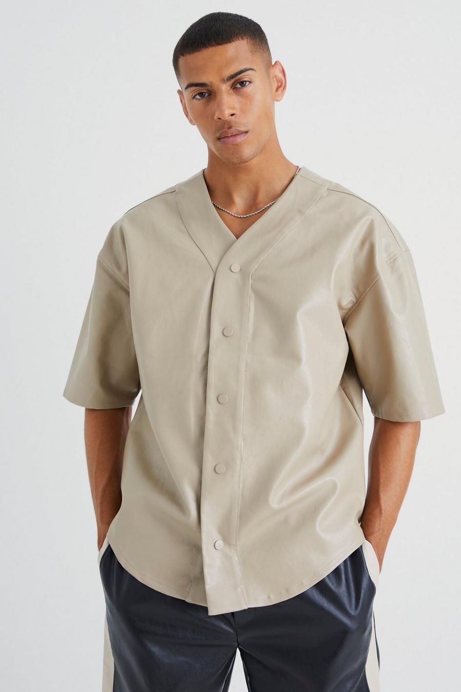 Stone beige Pu Oversized Baseball Shirt