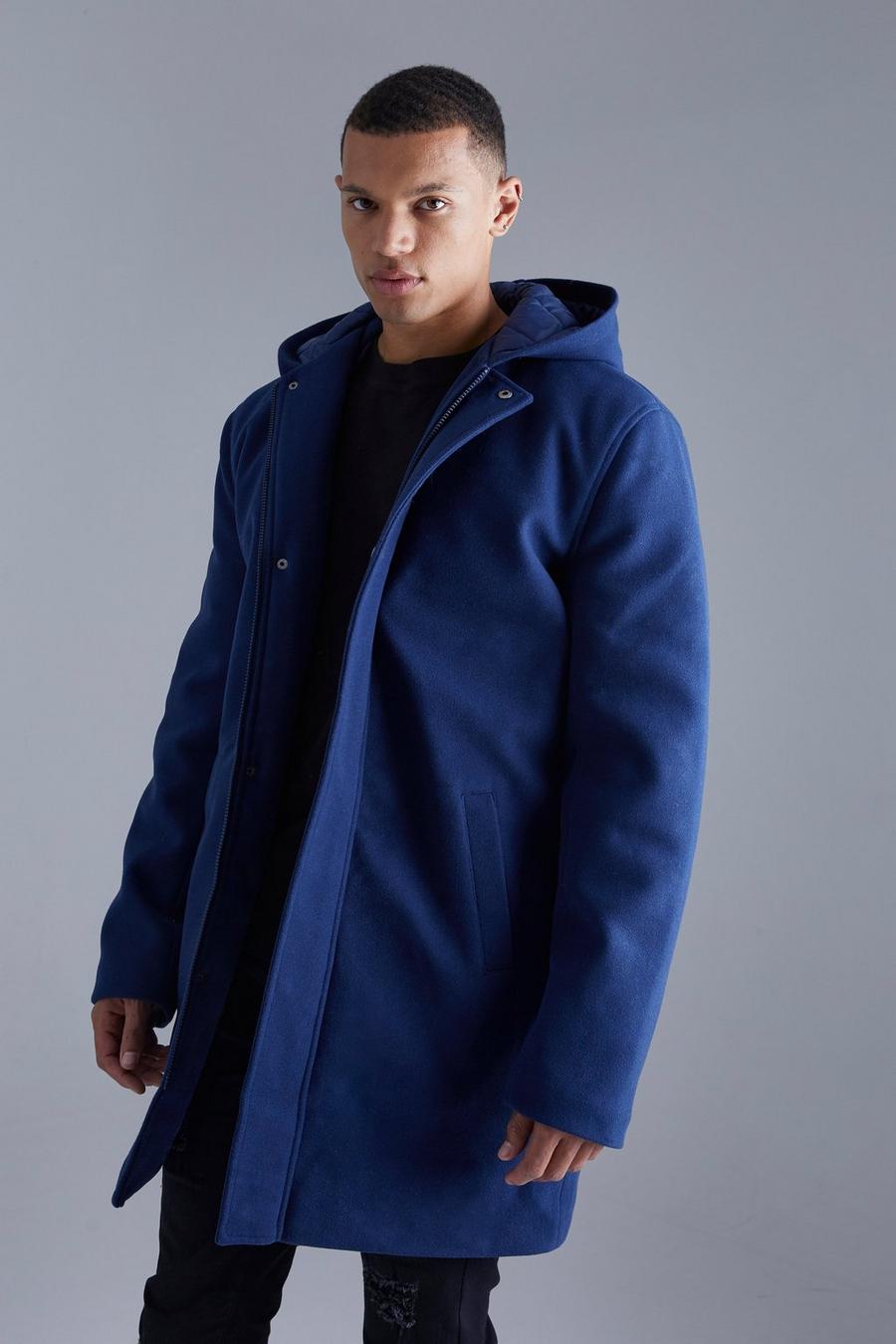 Navy Tall Concealed Placket Hooded Overcoat image number 1