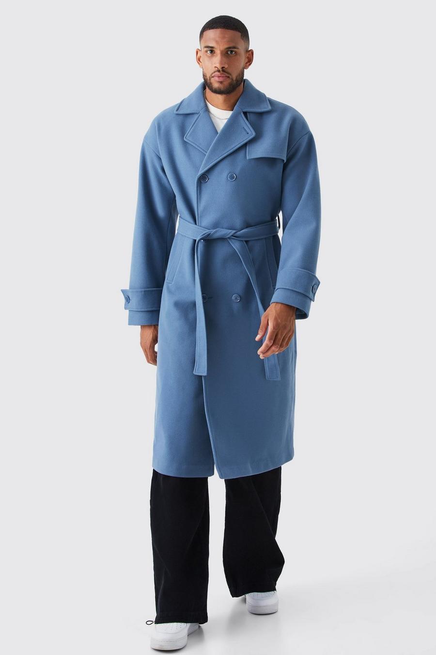 Slate blue Tall Trench Overcoat Met Dubbele Knopen En Storm Flap
