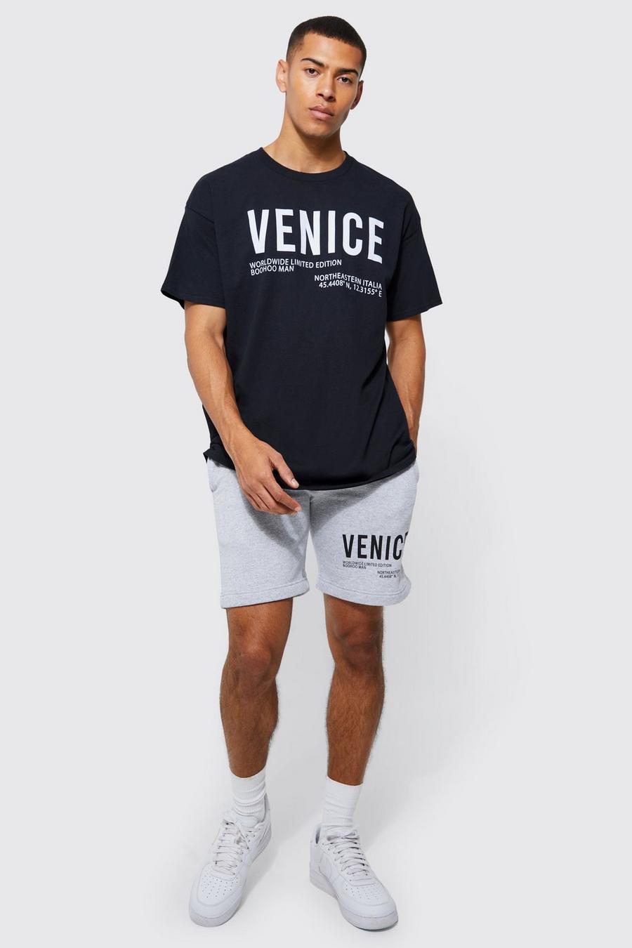 Black Oversized Venice City Print T-shirt Set