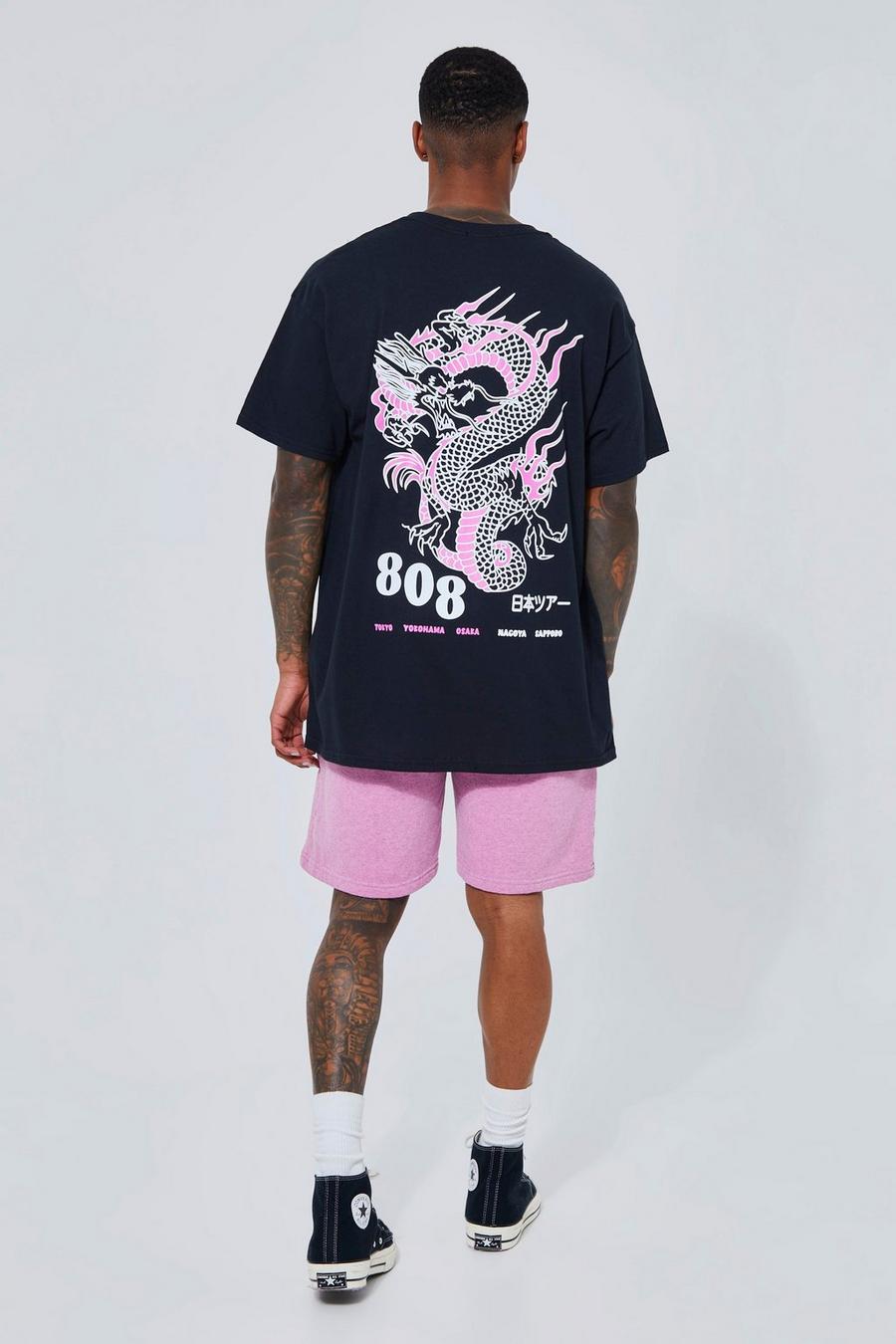 Pink Oversized Overdyed Dragon Graphic T-shirt Set image number 1