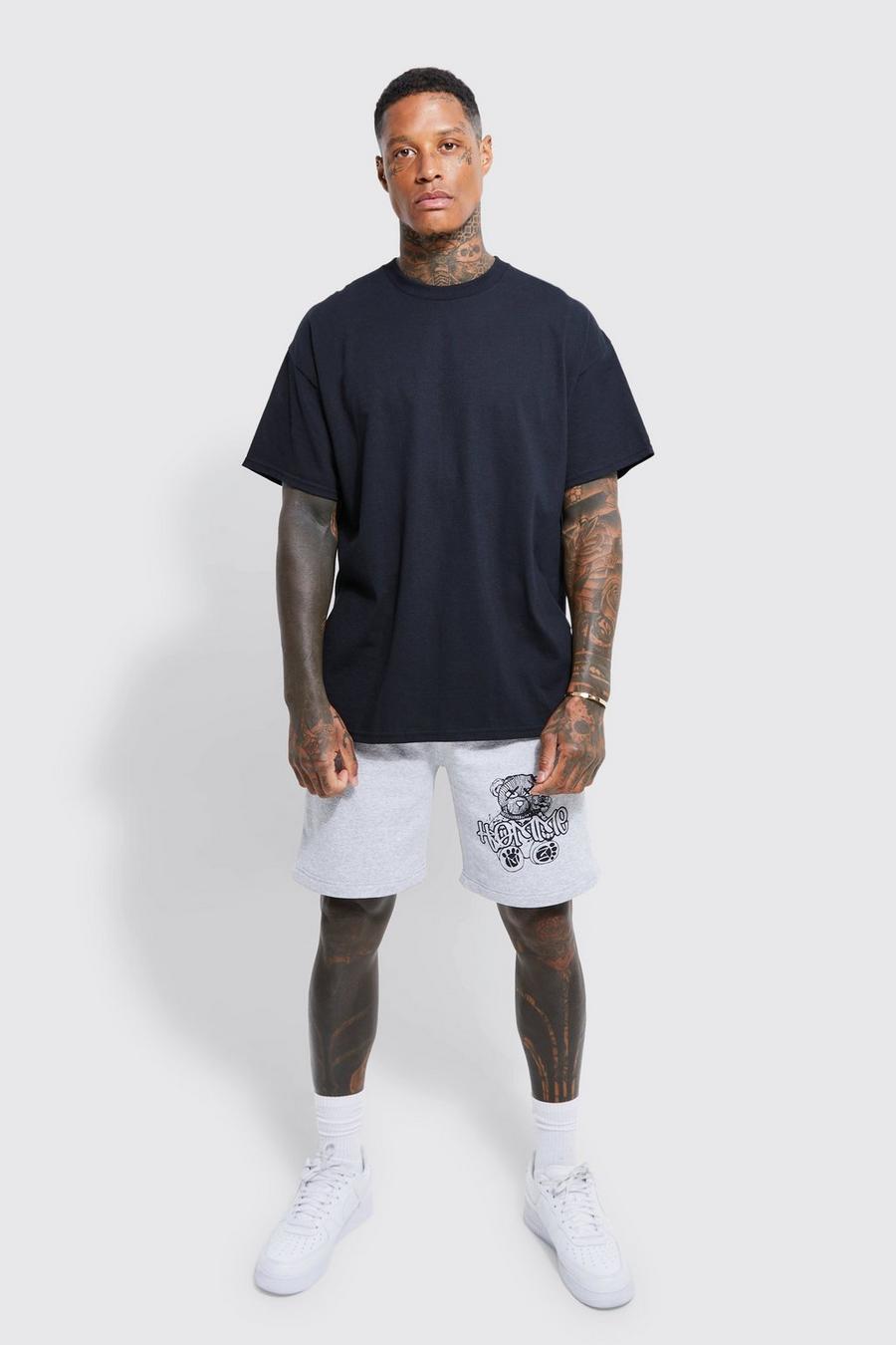 Oversize T-Shirt-Set mit Graffiti Teddy Print, Black schwarz