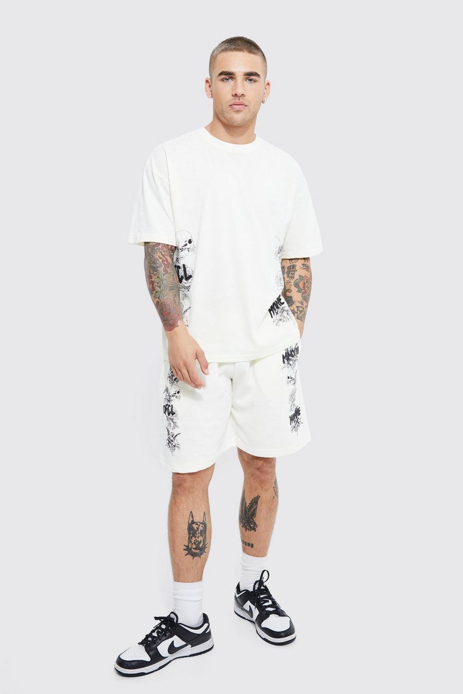 Conjunto de pantalón corto y camiseta con estampado gráfico Homme, Ecru image number 1