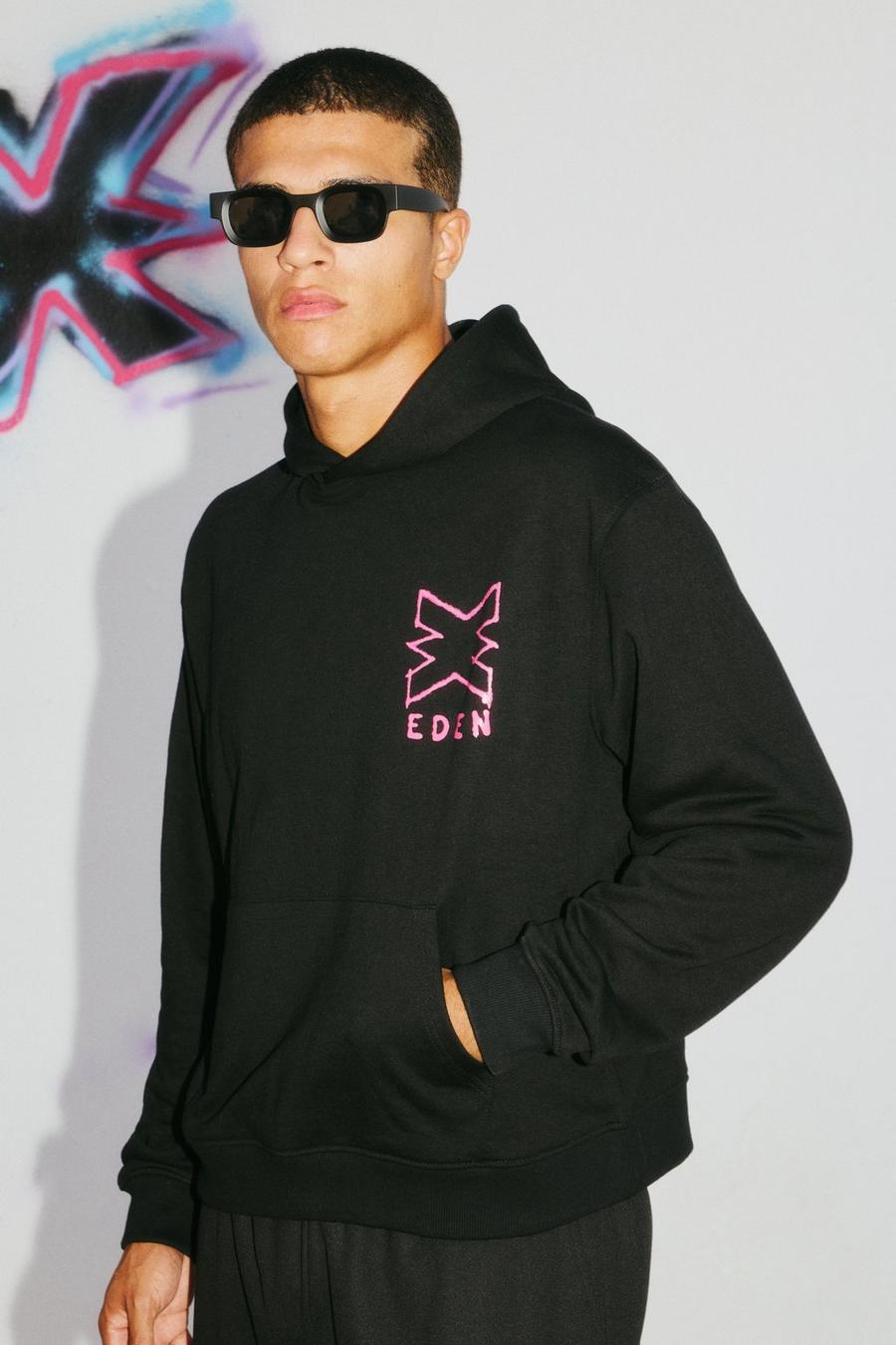 Black boohooMAN x EDEN Ibiza Oversized hoodie i boxig modell image number 1
