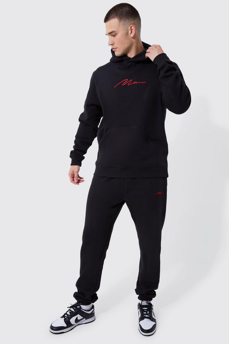 Black Tall Man 3d Embroidery Hooded Tracksuit  image number 1