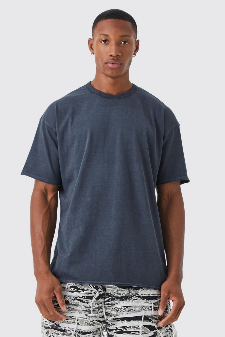 Charcoal grey Oversized Heavyweight Washed Raw Hem T-shirt