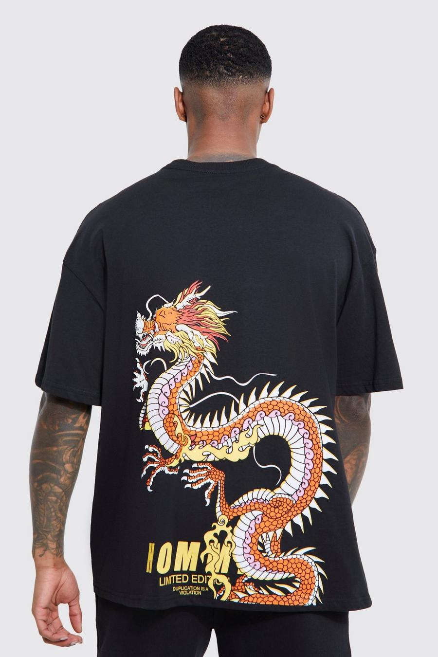 Black noir Oversized Back Seam Dragon Graphic T-shirt