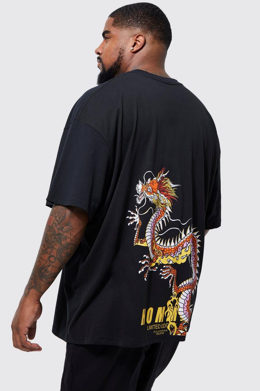Black noir Plus Oversized Dragon T-Shirt Met Rug Naaddetail image number 1