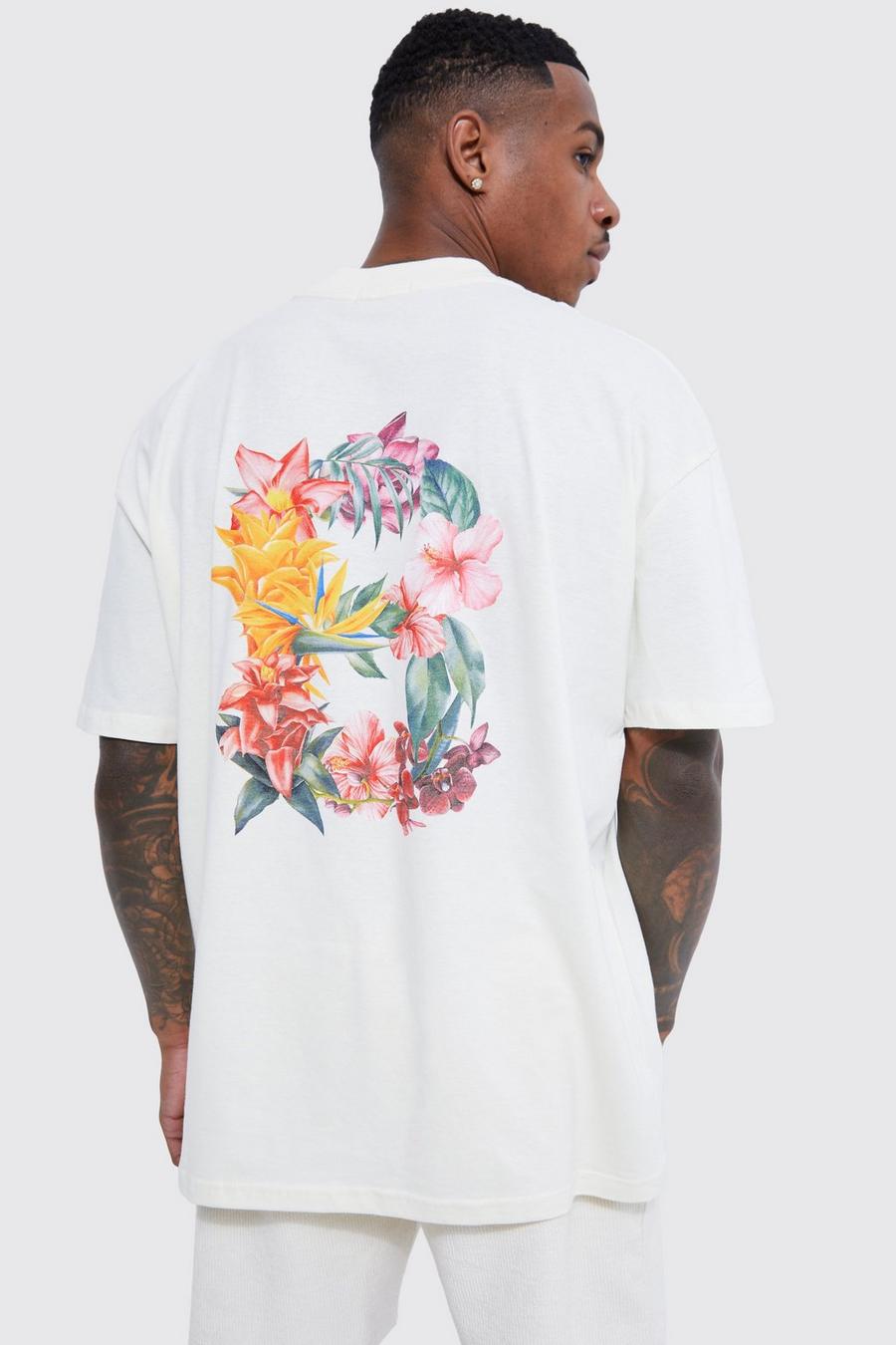 Ecru white Oversized Extended Neck Floral B T-shirt