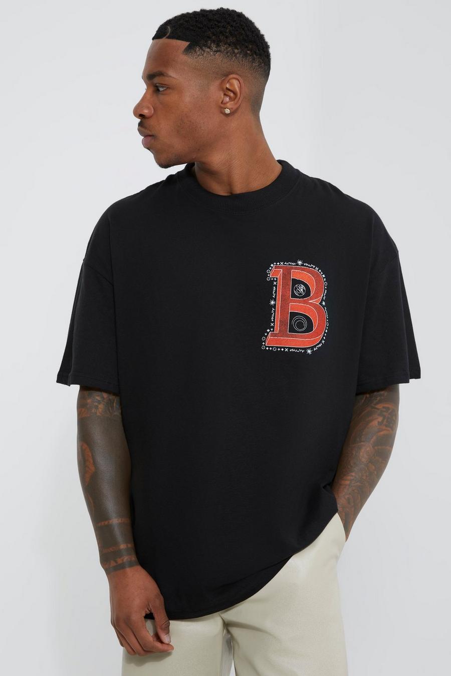 Oversized Extended Neck Graphic B T-shirt, Black nero