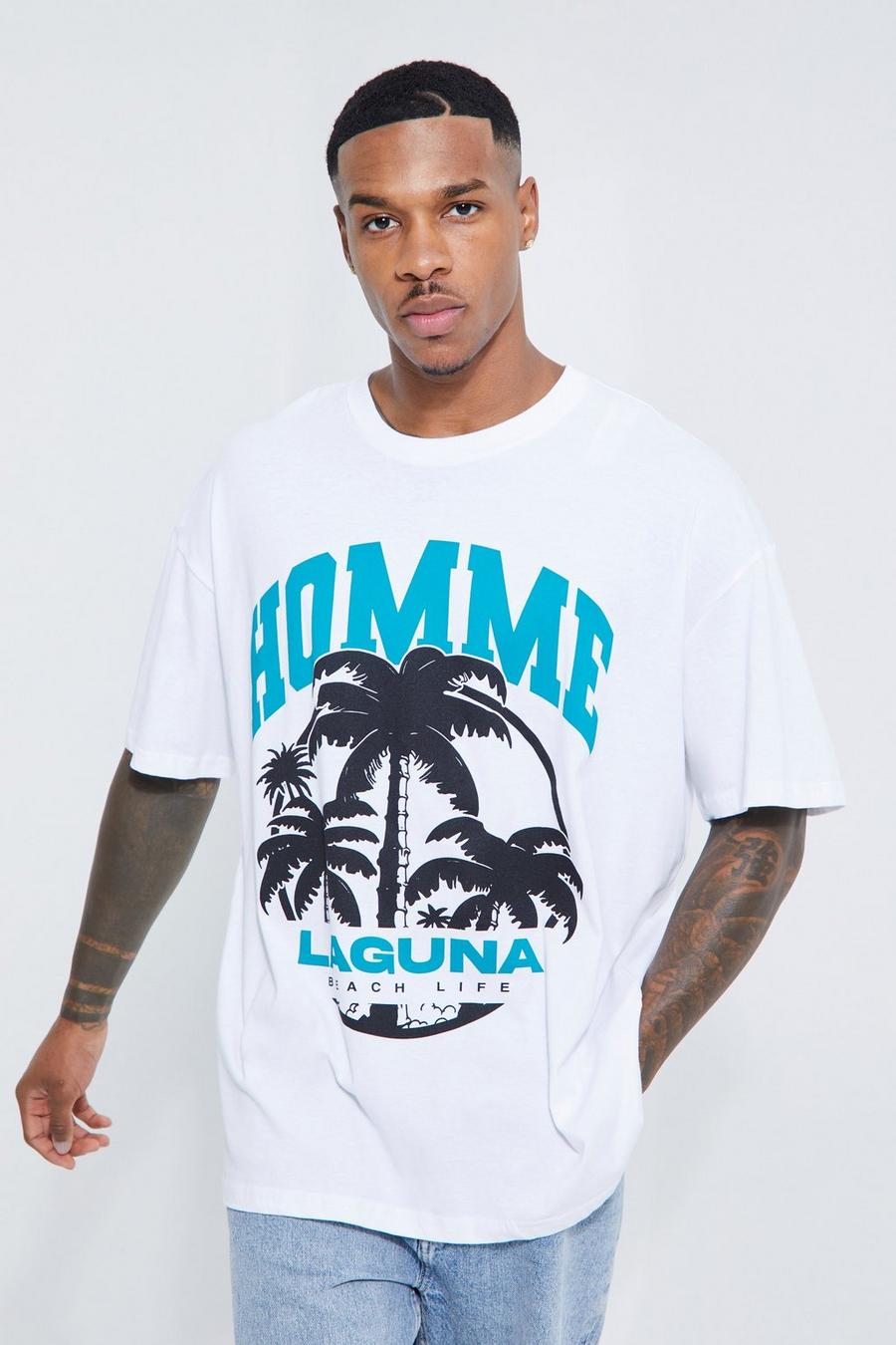 Oversize T-Shirt mit Homme Laguna Beach Print, White image number 1