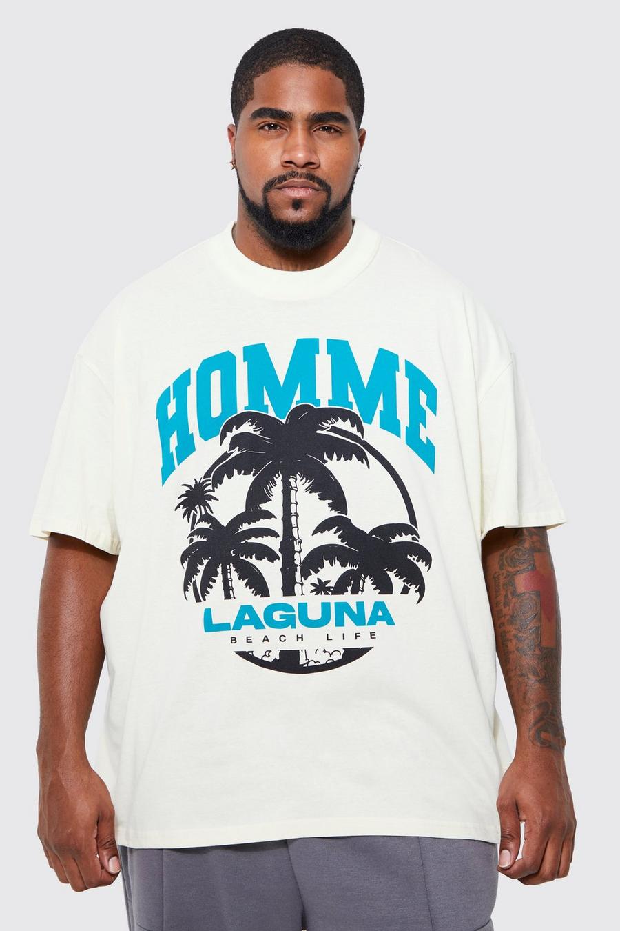 Plus Oversize T-Shirt mit Homme Laguna Beach Print, Ecru image number 1