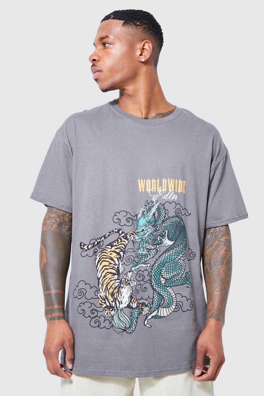 Charcoal gris Oversized Dragon Placement Graphic T-shirt image number 1