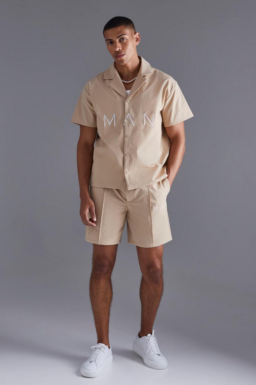 Stone beige Short Sleeve Boxy Technical Man Nylon Shirt & Short Set