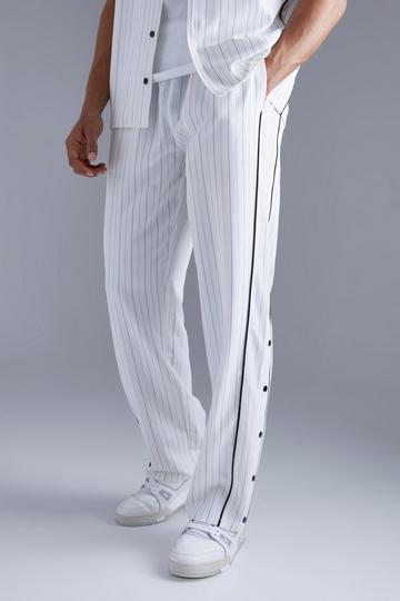 Ecru White Elasticated Waist Piped Pinstripe Relaxed Popper Trouser