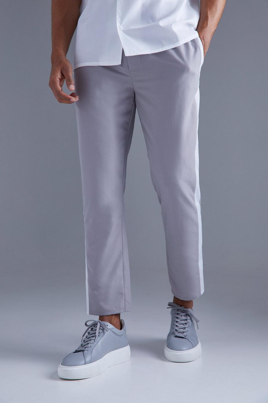 Grey Elasticated Waist Tapered Side Stripe Trouser image number 1