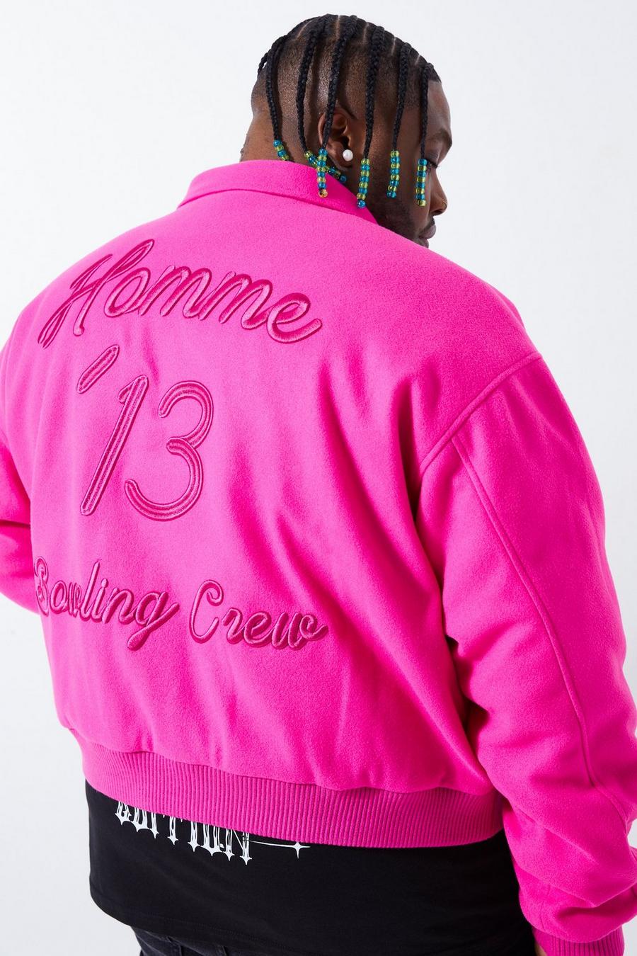 Hot pink rosa Plus Boxy Melton Embroidered Collared Bomber