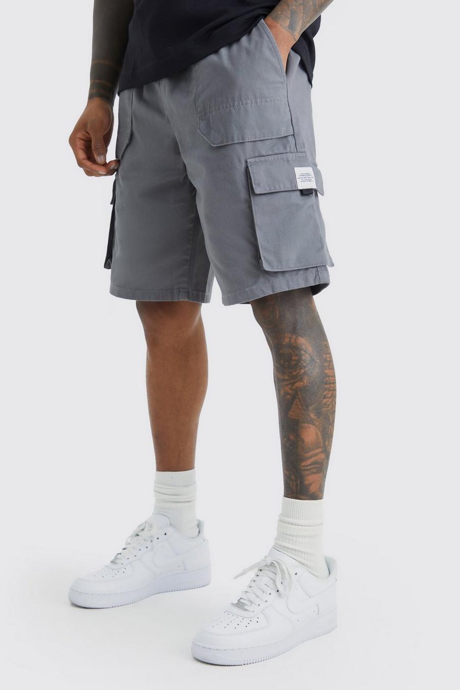 Pantalón corto cargo holgado elástico con etiqueta, Charcoal
