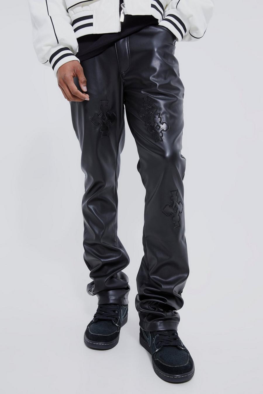 Pantaloni Skinny Fit fissi in PU con applique e pieghe sul fondo, Black image number 1