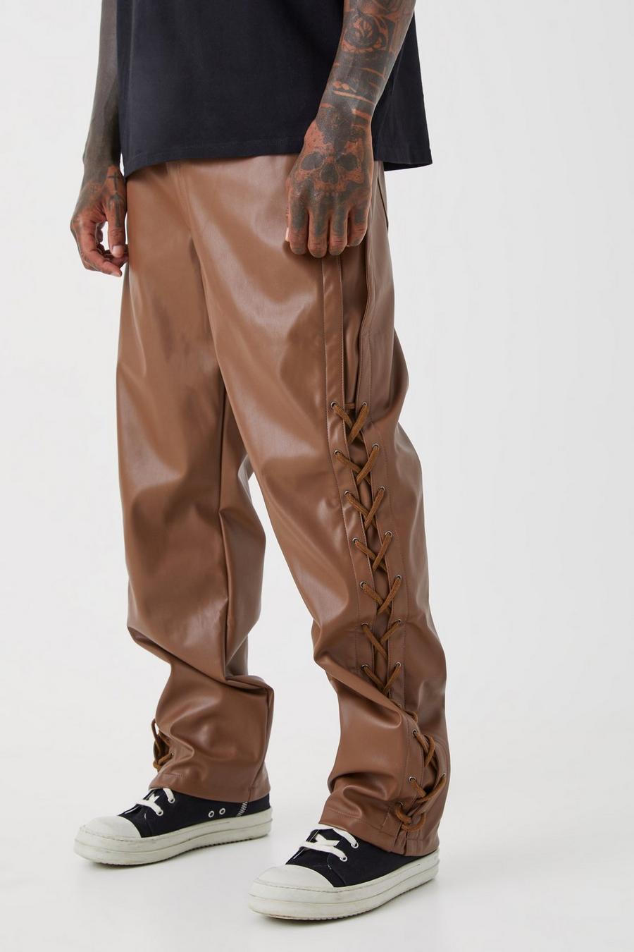 Pantaloni Slim Fit fissi in PU con inserti in pizzo, Chocolate marrón