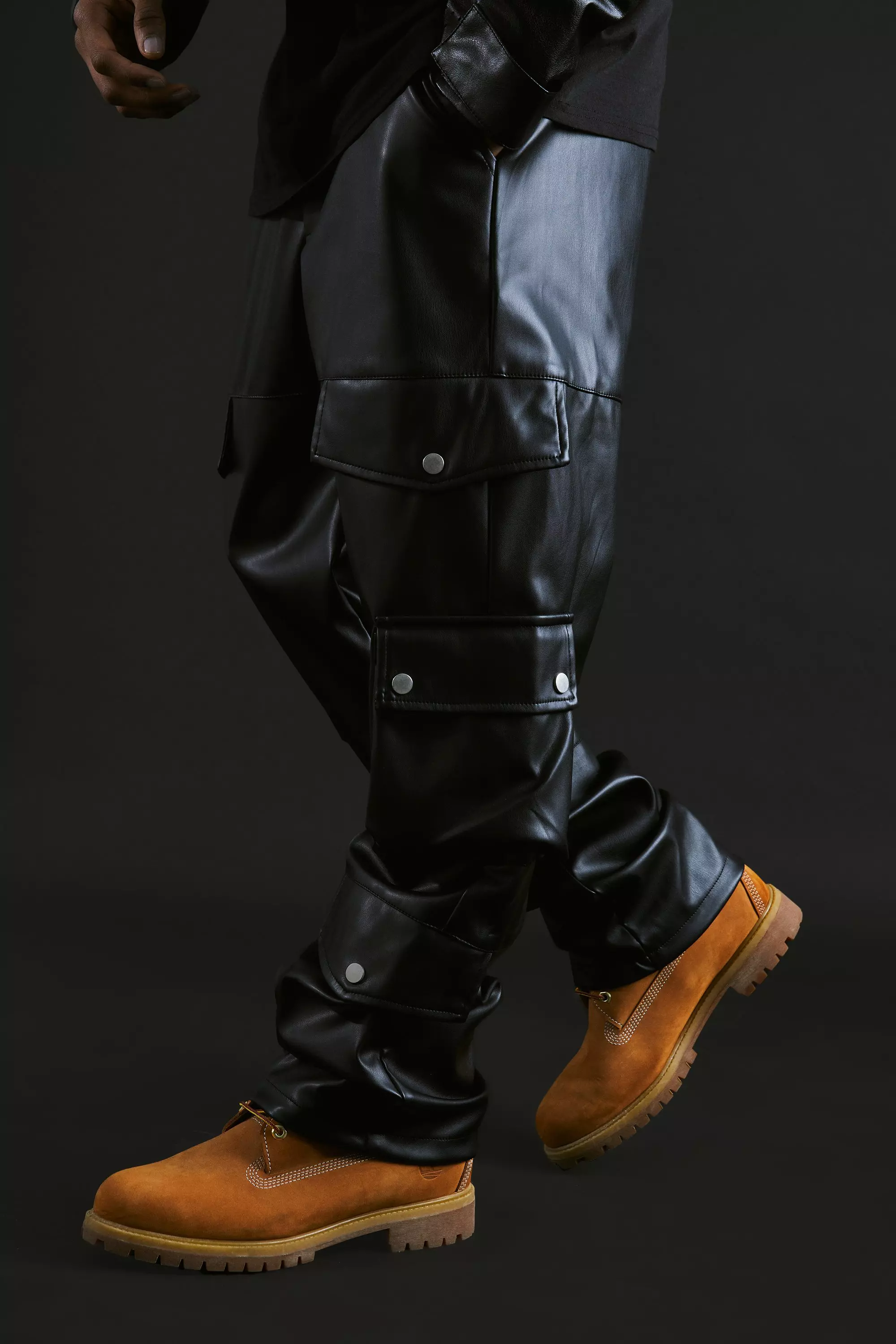 Cargo Slim Faux Leather Pants Black