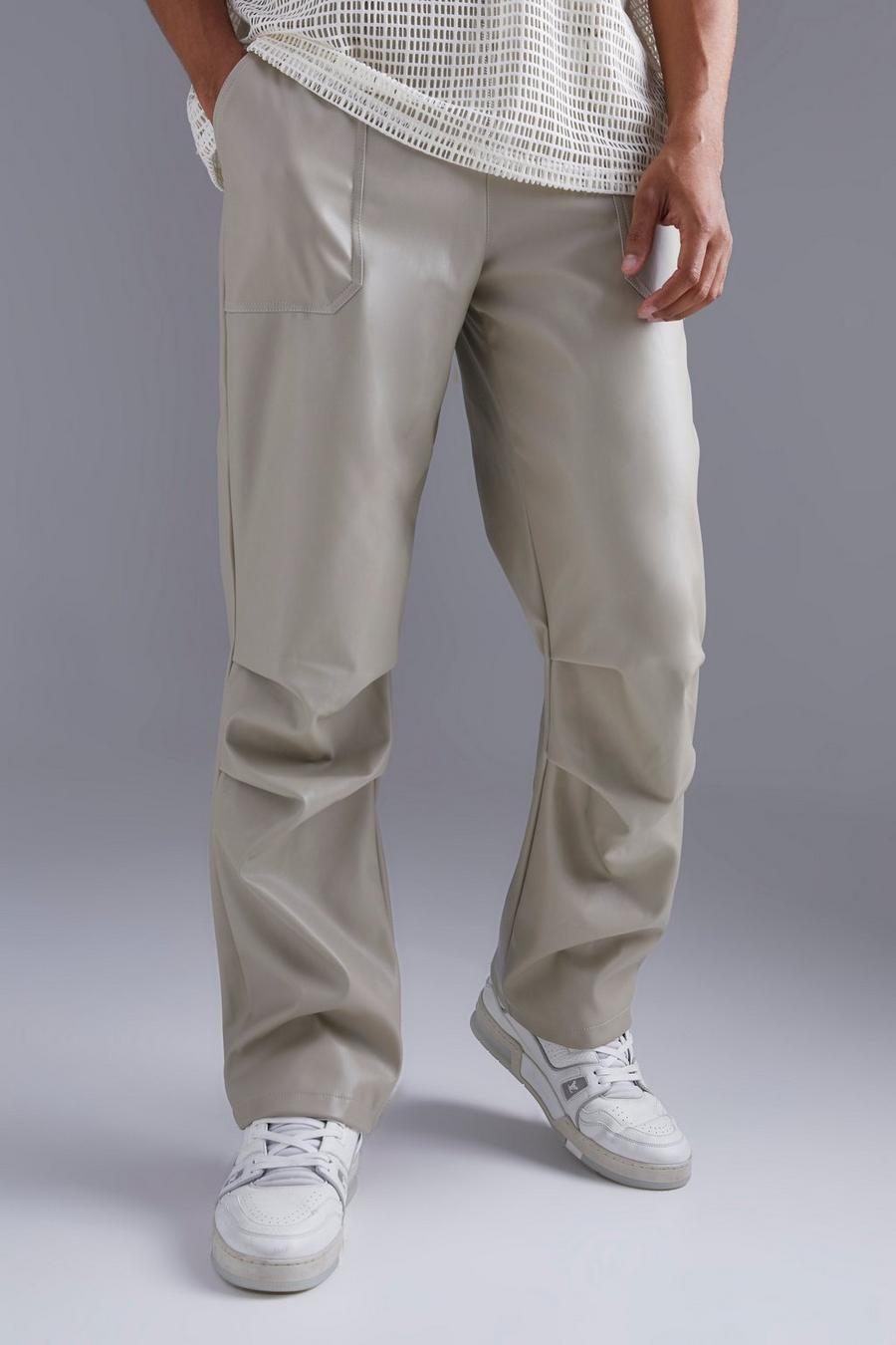 Pantalon large zippé en similicuir, Stone beige