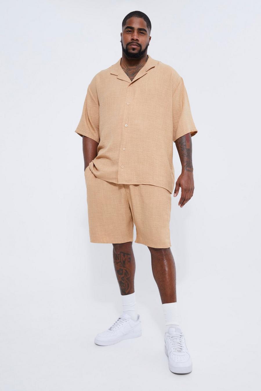 Taupe Plus Short Sleeve Drop Revere Linen Shirt & Short Set image number 1