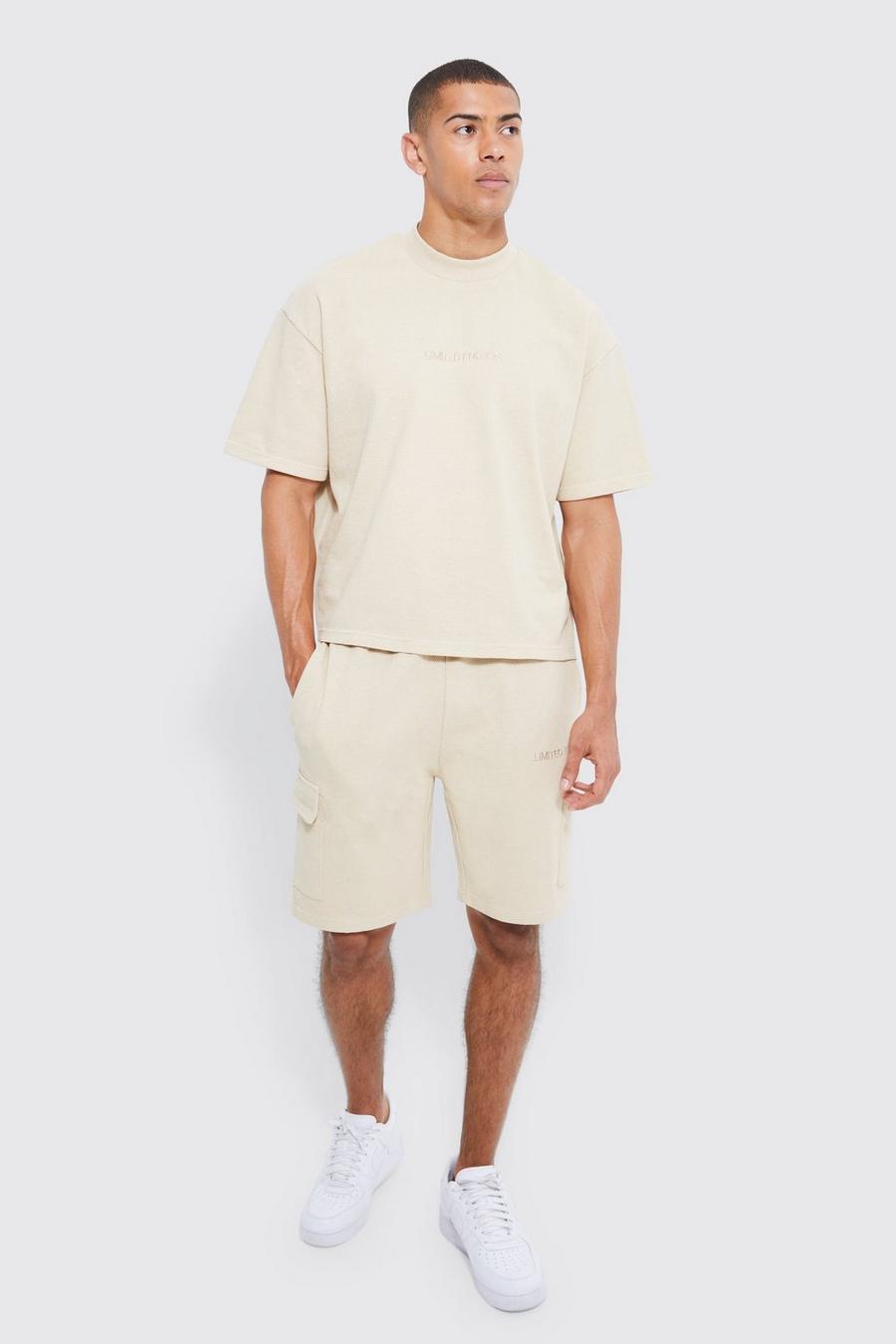 Taupe beige Oversized Boxy Pique T-shirt & Cargo Short Set