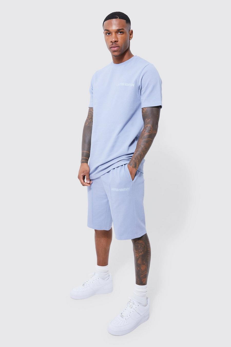 Dusty blue blau Slim Fit Pique T-shirt & Short Set