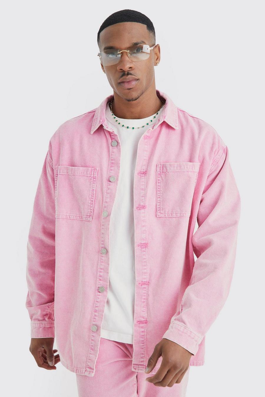 Pink Oversized Acid Wash Gebleekt Corduroy Overhemd Met Lange Mouwen image number 1